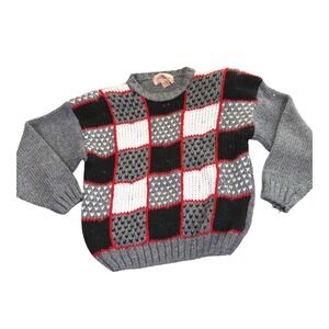 Vintage 80s One Up Hand Knit Sweater Men's M Gray Patchwork Crewneck